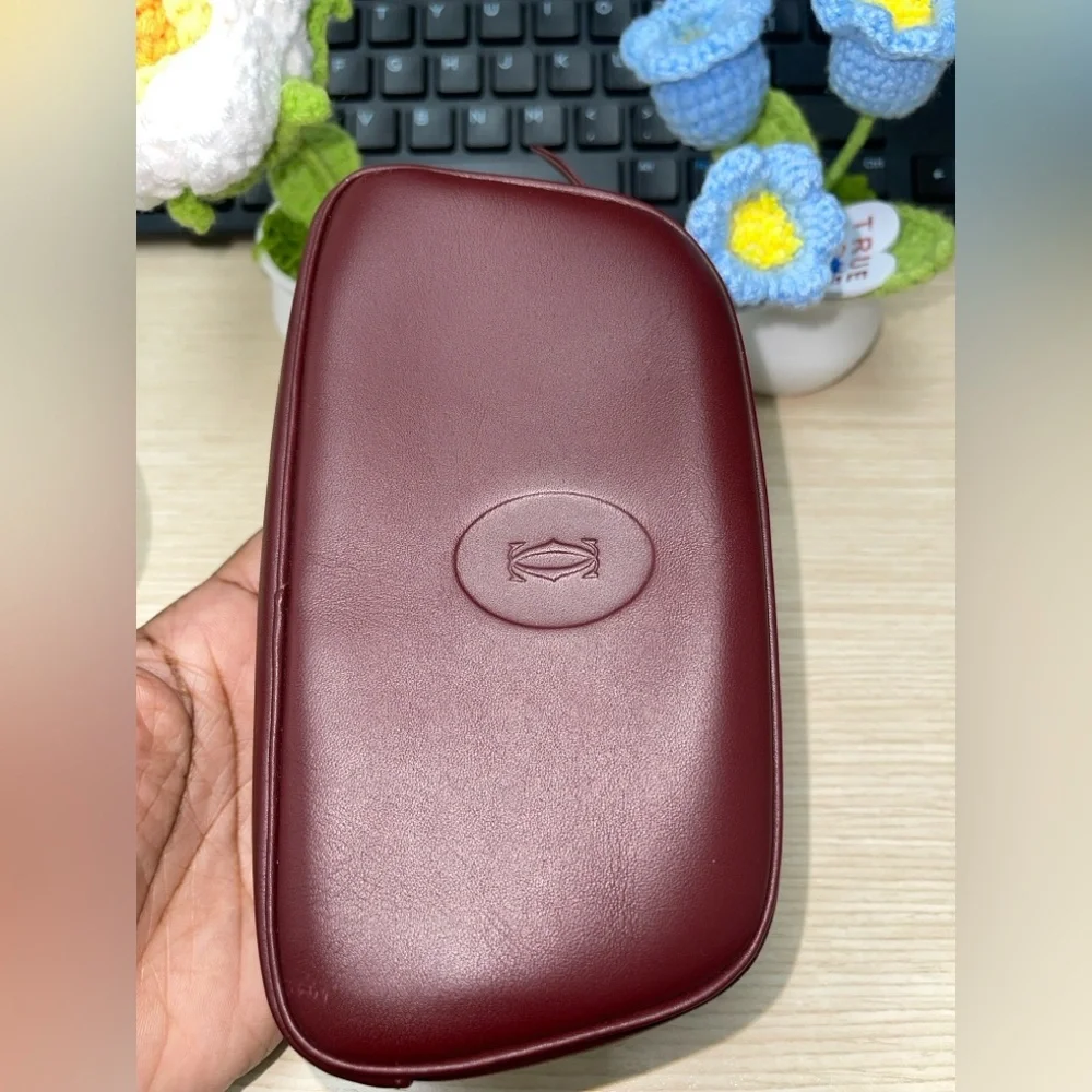 Cartier Deep Bordeaux Burgundy Leather Mini cosmetic/Toiletry Case- Pouche